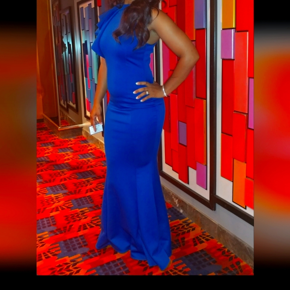 Ruffle Shoulder Scuba Maxi Dress